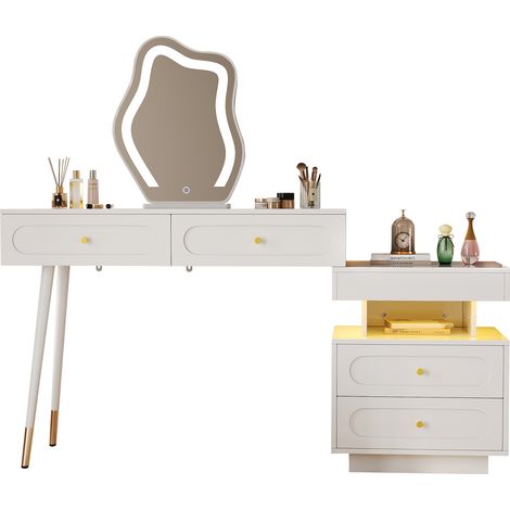Coiffeuse avec miroir LED et éclairage, set blanc pour chambre avec 4 tiroirs spacieux et 1 niche ouverte, 140×40×130 cm (sans tabouret)