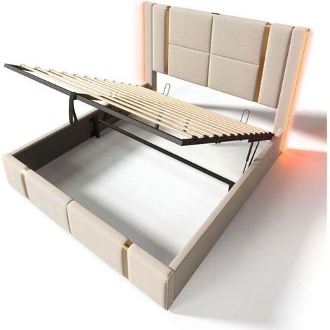 Cama doble LED de 160 x 200 cm, somier de láminas de madera, tela de lino beige, con carga USB tipo C, apto para adolescentes y adultos (colchón no incluido). (1/5)