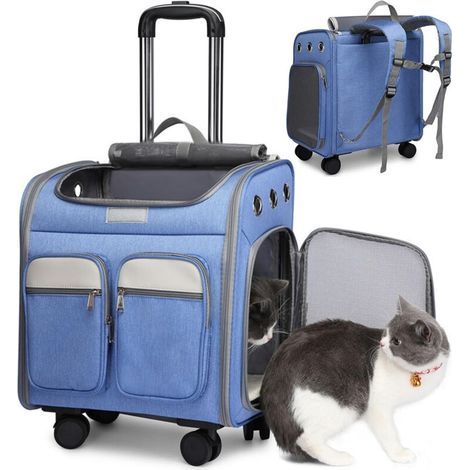 Sac de transport pour chat à roulettes – Poignée télescopique – Tapis amovible lavable – 3 poches de rangement – Ventilation optimale (1/5)