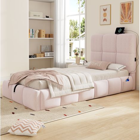 Letto contenitore per bambino 90 x 200 cm con rete, testiera, USB e velluto rosa OKWISH (1/5)
