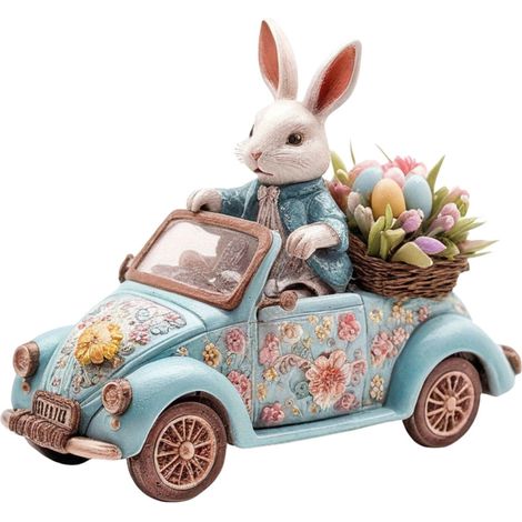 Lapin De Pâques - Décoration De Table En Résine Bleu Pastel - Voiture Fleurie Avec Panier Et Œufs - Centre De Table Rustique - 1 Pièce (1/5)