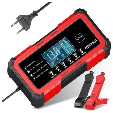 12V 15A Rotes Smart-Batterieladegerät für Motorräder, Autos und Blei-Säure-/Lithium-Eisen-Batterien (kompatibel mit Blei-Säure-Batterien) (1/4)