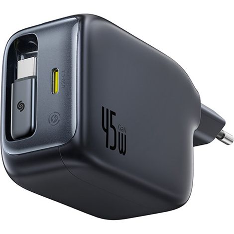 Cargador de pared USB-C EnerCore CJ11 de 45 W con cable USB-C retráctil - Negro