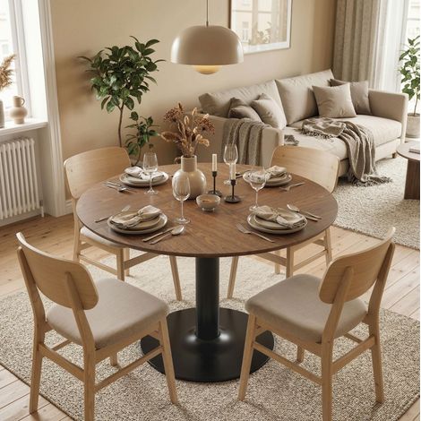 Mesa redonda de comedor de madera y metal marrón Ø110 cm para 6 personas (1/5)