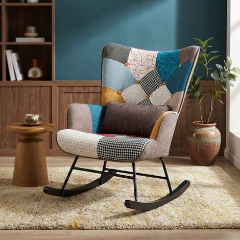 Fauteuil à bascule avec accoudoirs en tissu lin – Chaise berçante d’allaitement avec structure métallique (1/5)