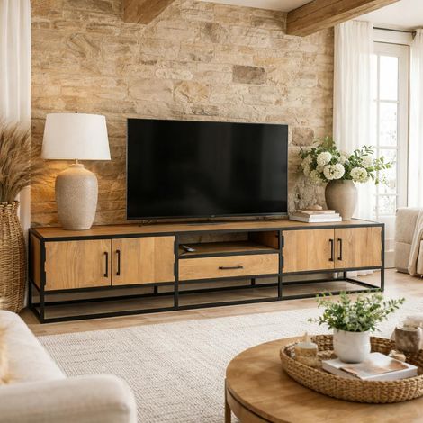 Long meuble TV en bois clair 4 portes 1 tiroir RIVANO (1/5)