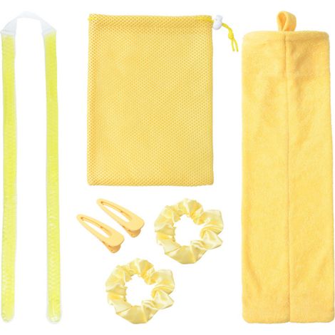 Kit de coiffage sans chaleur avec perles de gel, fer à friser, bigoudis de nuit, outils de coiffure DIY, élastiques, pinces et pochette de rangement pour cheveux mi-longs.