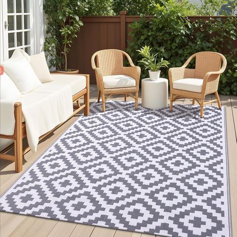 Tapis extérieur plastique imitation paille antidérapant imperméable résiste UV lavable patio plage jardin 120x180cm grisblanc (1/5)