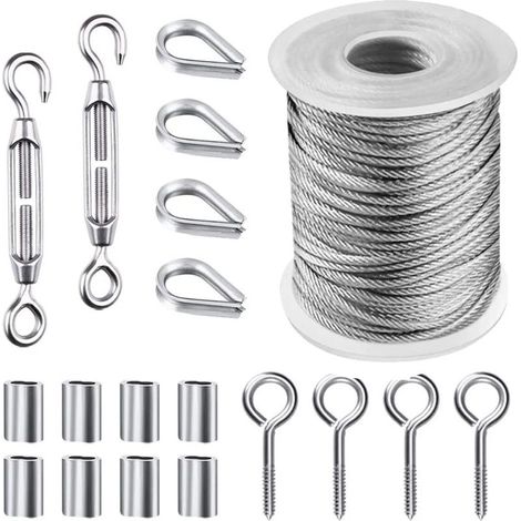 HGYCPP Kit de fil de jardin/fil pour tableau/treillis métallique 50 pieds, câble en acier inoxydable robuste avec revêtement en PVC, vis tire-fond, 19 pièces (1/5)