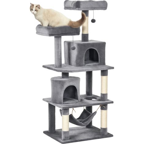 Tiragraffi grande 145 cm, albero per gatti con amaca, albero per arrampicarsi per gatti, grotta per tiraregraffi, mobili per gatti con steli in sisal, grigio chiaro