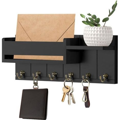 Boîte à clés en bois, avec 6 crochets, style moderne, à fixer au mur, pour salon, cuisine, bureau, couloir ou chambre, noire. (1/5)
