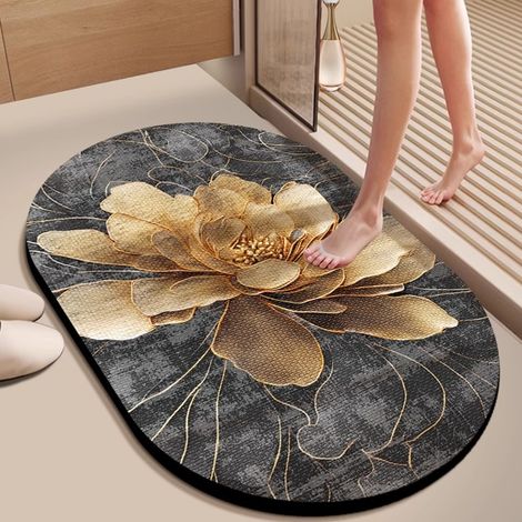 Tapis de bain en terre de diatomée luxueux – Forme ovale irrégulière, absorption rapide, antidérapant, résistant à la saleté et à l’usure – Motif « Éclosion dorée » en relief 4D – Dimensions : 50 x 80