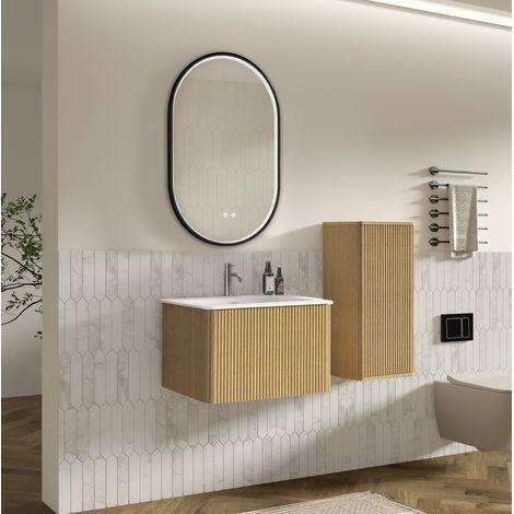 Ensemble meuble vasque mural 60 cm en chêne avec miroir LED, pour petite salle de bain – MEUBLIV (1/5)