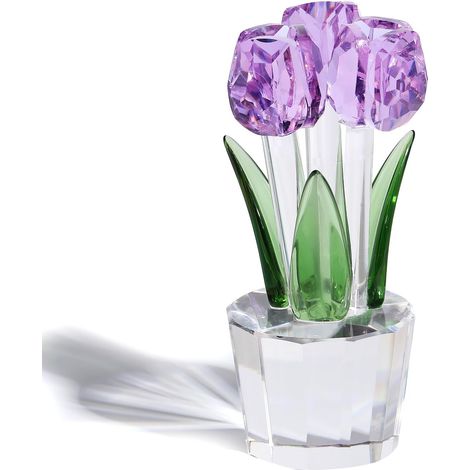 Bouquet de tulipes en cristal, figurine de collection, cadeau pour femme, décoration florale en verre pour Noël ou un anniversaire, avec 3 fleurs violettes (1/5)