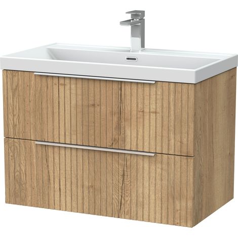Callingwood Contemporary Wall Hung 2 Drawer Vanity Unit with Thin-Edge Ceramic Basin , 800mm, Autumn Oak