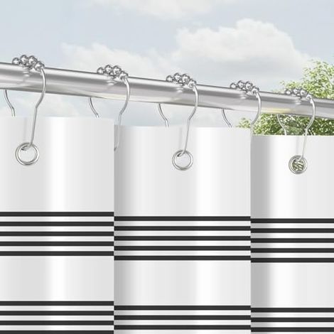 Rideau de douche avec anneaux en métal 120x180 cm Noir à rayures, Ourlet lesté anti-moisissure en textile, imperméable, lavable en polyester Ensemble de rideaux de bain avec œillets pour salle de bain (1/4)