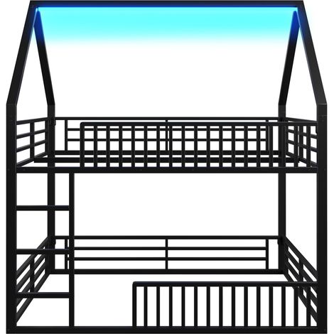 Lit mezzanine maison 140x200 en métal noir avec LED et garde-corps (1/5)