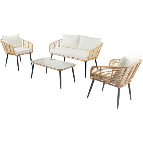 Conjunto de muebles de jardín de 4 plazas con sofá y sillas efecto ratán y cómodos cojines SITIA