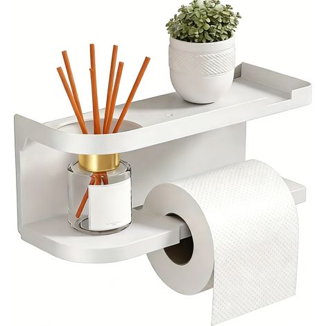 Porte-papier toilette avec étagère, organisateur de salle de bain, sans perçage, pour salle de bain, toilettes, cuisine (blanc) (1/5)