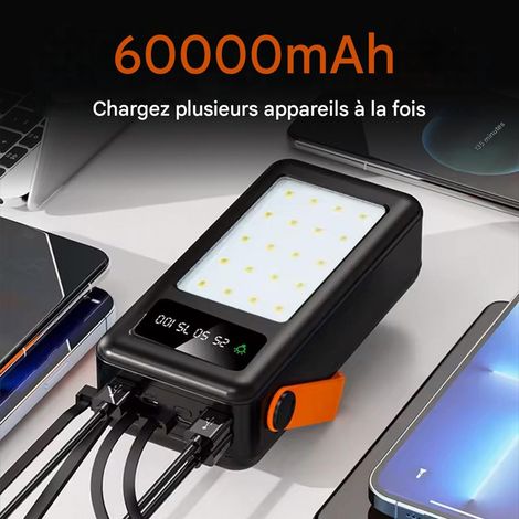 Power Bank 60000mAh avec Lumière d'Urgence, Recharge Rapide et Portable  Couleur: Noir