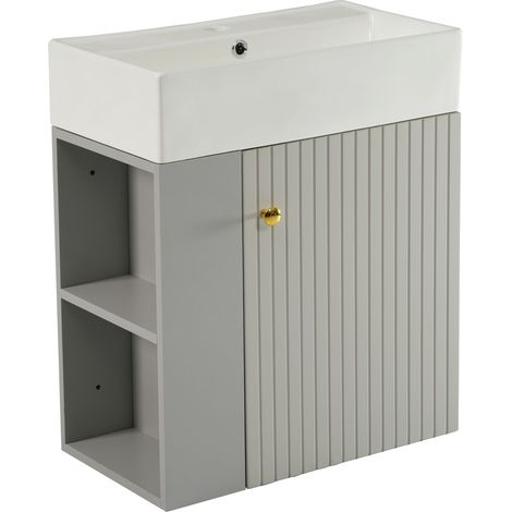 Mueble de baño suspendido con lavabo de cerámica 55 cm gris y blanco (1/5)