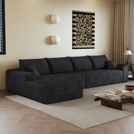 Divano angolare modulare 340 cm con chaise longue a L, seduta profonda, nero HAVRYA (1/5)