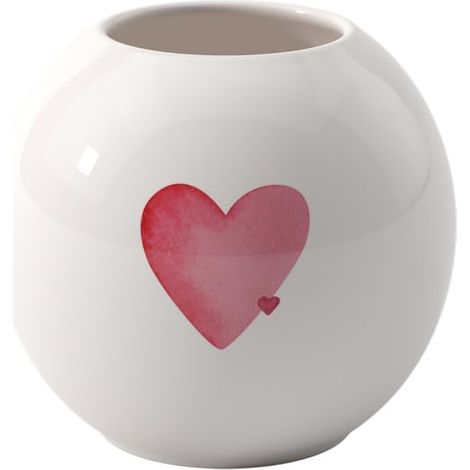 Vase, Dimensions : env. 13 x 13 x 11,5 cm, Blanc avec décor aquarellé Rouge, Lave-Vaisselle, Motif cœur, Vase décoratif bombé, Porcelaine (1/4)
