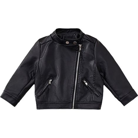 1 veste de moto en similicuir pour enfants, noire, tailles 90 à 140 (2-13 ans), fermeture éclair, poches latérales, coupe slim (1/5)