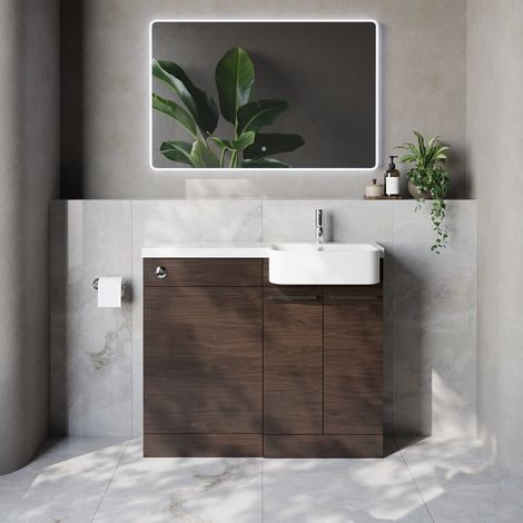 Napoli 250 Brown Oak 1000mm 2 Door Vanity Unit Toilet Suite with Right Hand Round Rico Semi Recessed Basin - 1000mm - Chrome 160mm HandleWithout Kingston Toilet Pan