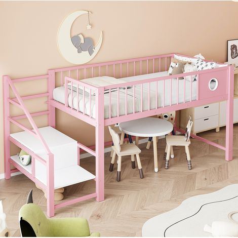 Letto a soppalco basso 90x200 cm rosa in metallo con scala contenitore (1/5)