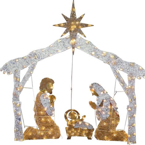 Weihnachtskrippe mit LED-Beleuchtung, Gartendekoration, Rasendekoration, mit Jesus und drei weiteren Personen, zum Einstecken in den Gartenboden (1/2)