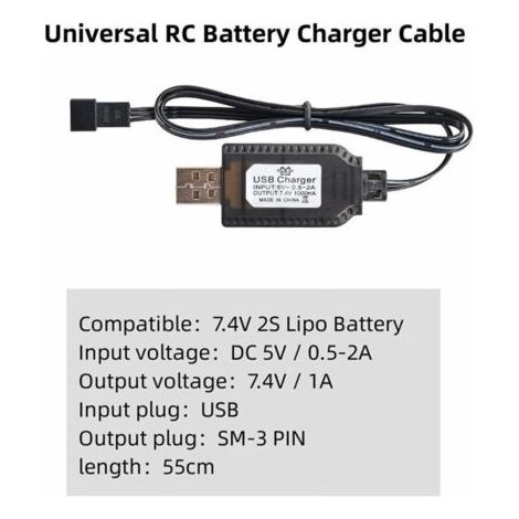 QORVA-Chargeur USB, câble RC universel avec connecteur SM-3P pour batterie LiPo 2S 7,4 V, compatible avec les voitures, bateaux, drones, avions et autres jouets radiocommandés. (1/3)