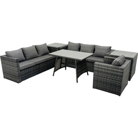 Fimous Rattan Dining Table Sofa Set with 2 Side Tables Outdoor 7 Seat Garden Furniture Set Dark Grey Mixed (1/5)