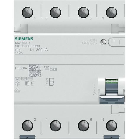 Siemens Interruptor diferencial, 4 polos, Tipo B, con retardo de tiempo corto, In: 40 A, 300 mA, 5SV36444
