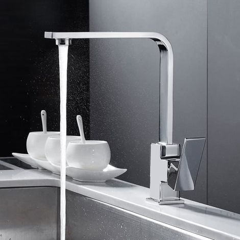 Robinet de cuisine carré avec bec haut - Robinet mitigeur pour évier de cuisine - Laiton, Argent (1/4)