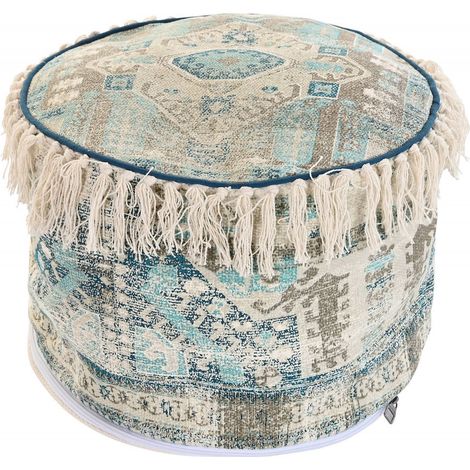 Pouf coton bleu décoratif avec franges confort optimal - Bleu aux motifs bohème avec franges beige (1/3)