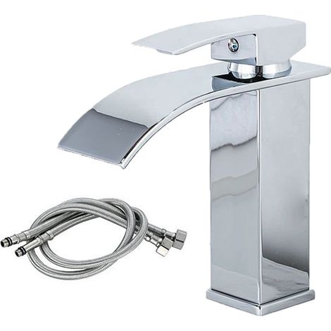 Robinet Lavabo Cascade, MISE À NIVEAU Moderne Mitigeur Salle de Bain, Robinetterie Grand Bec Carré en Laiton, Eau Chaude et Froide Disponible, argent