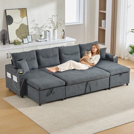 Sofa en tissu moderne pour 4 personnes avec des chaises longues des deux côtés, espace de rangement intégré, porte-gobelets, prises USB et fonction de lit escamotable – élégant pour chaque salon. gris (1/5)