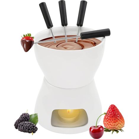 Mug Fondue au Chocolat Kit, Céramique Fondue Chocolat avec 4 Fourchettes et 1 Bougie, Tasse Fondue Chocolats pour Maison, Restaurant et Café, Blanc (1/5)