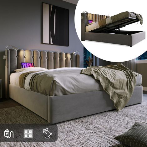 Lit double 140x200 cm en velours gris avec tête de lit lumineuse, ports de charge USB et coffre de rangement (1/5)