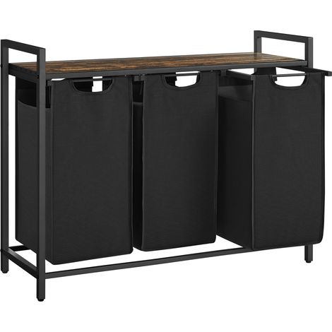 Panier à linge, 3 compartiments, bac, avec 1 tablette de rangement, sacs amovibles d'une capacité de 38L, pour la salle de bain, la lessive, brun rustique et noir (1/5)