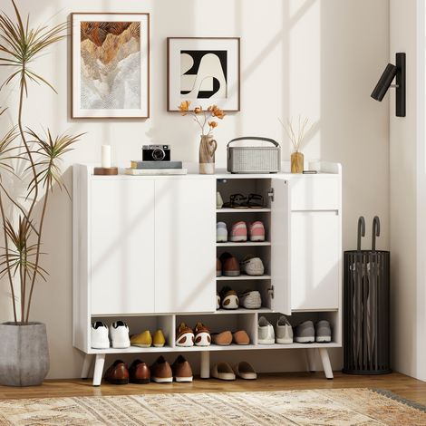 Armoire à chaussures design sans poignée, 4 portes, 4 étagères réglables, porte-chaussures autoportante avec 5 pieds en bois, bois blanc (1/4)