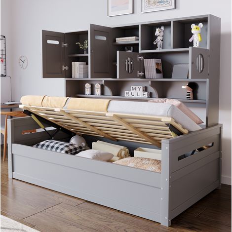 Lit simple en bois gris 90x200 cm avec rangement hydraulique, étagères et sommier à lattes (1/5)
