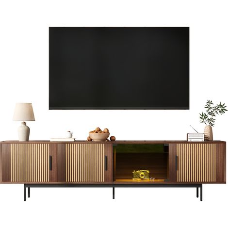 Meuble TV, buffet bas à texture sculptée, meuble TV avec bande lumineuse LED et portes en verre trempé. (1/5)