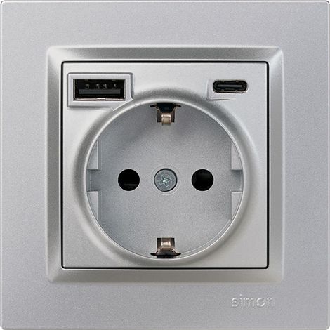 Schuko-Steckdose + USB-A + USB-C 10,5 W 16 A 250 V, Simon 10, Aluminium