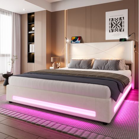 Letto moderno 140x200 cm in velluto beige con testiera, luci lettura, LED, vano contenitore idraulico e USB (1/5)