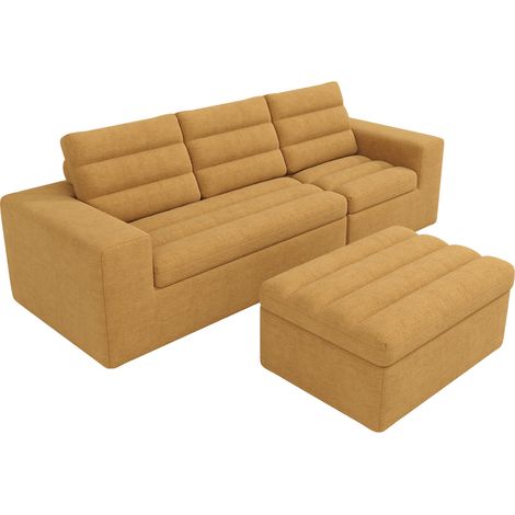 Sofá modular en L naranja de chenilla 4-5 plazas con puff (1/5)