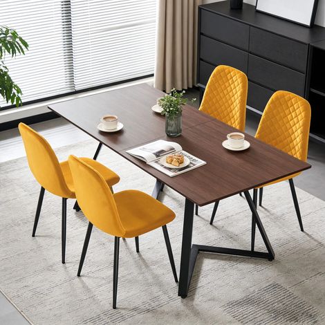 NEW 150CM Wooden dining table and 4 chairs set MDF table top Yellow Velvet Seat Metal Leg Chairs