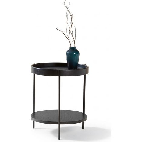 ELVMI Mesas de Centro Nido Redondas con Dos Bandejas, Estructura de Hierro Negro, para Salón, Madera y MDF, Negro (1/5)