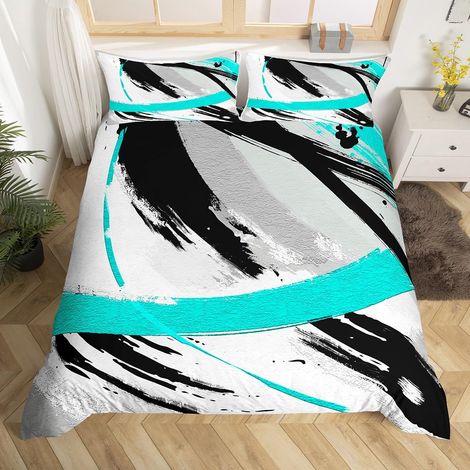 Housse de Couette 240 x 260 cm avec 2 Taies d'oreiller, Parure de Lit Noir Gris Sarcelle, Sets de Housses de Couettes Coups de Pinceau, Couvre Lit Vintage Abstraite Dégradé Graffiti (1/5)